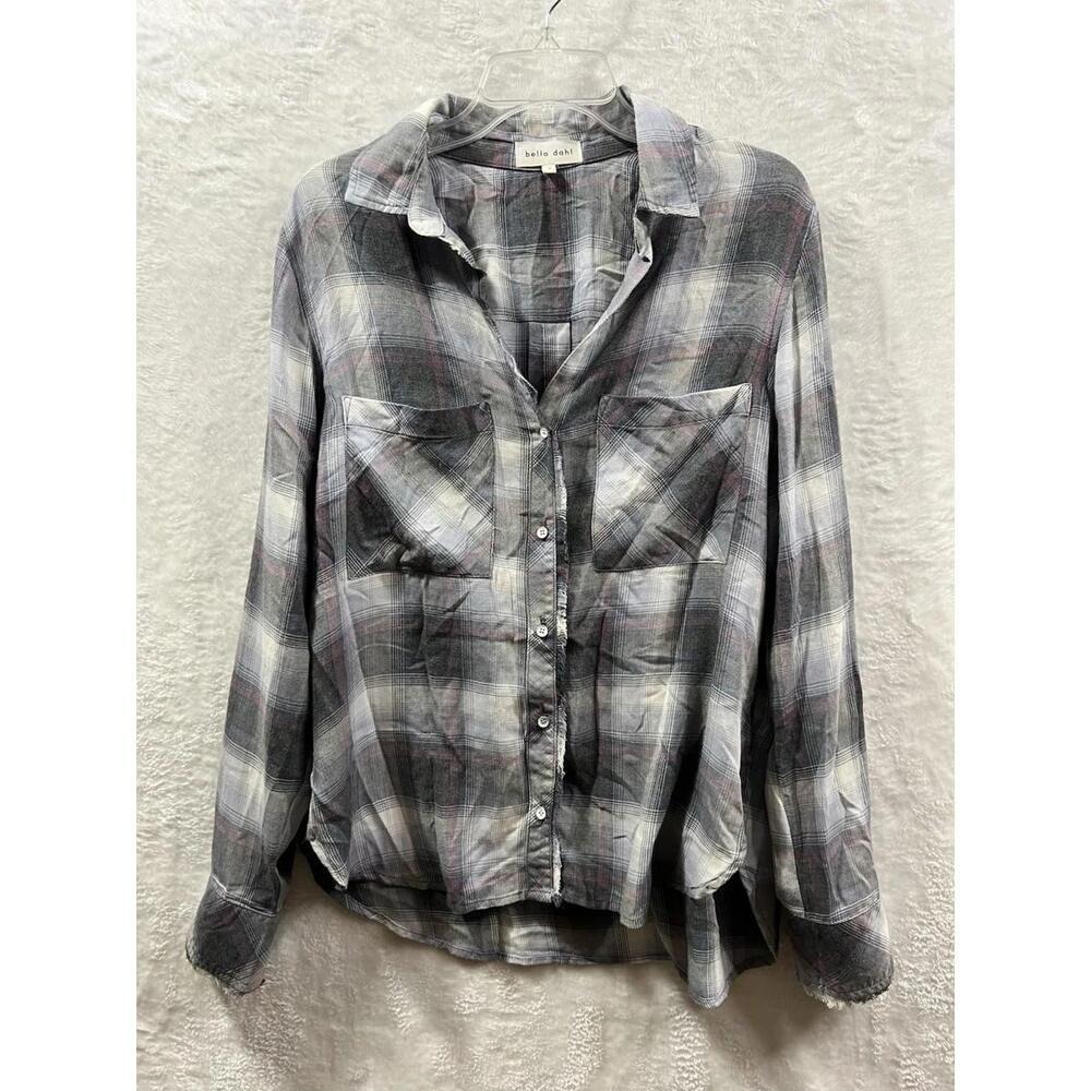 Bella Dahl Women's Plaid Button Front Shirt Gray Black Pink Long Sleeve L